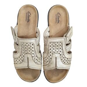 Clarks Bendables Women's Cream Leather Laser Cut Slide Wedge Sandals Size 6 M